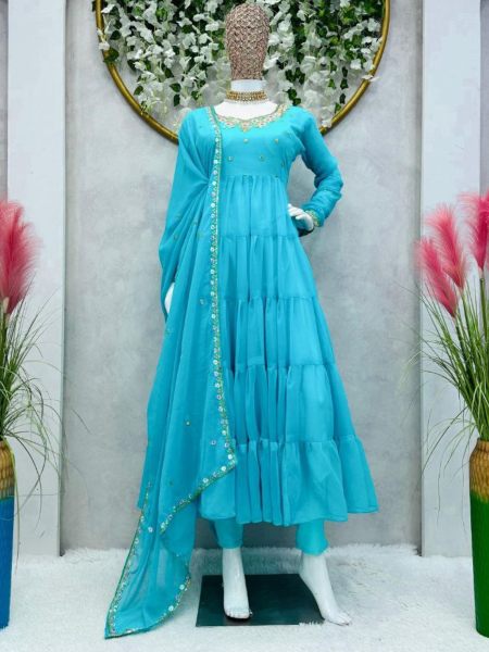Premium Georgette Sequence Partywear Long Flared Women Gown 