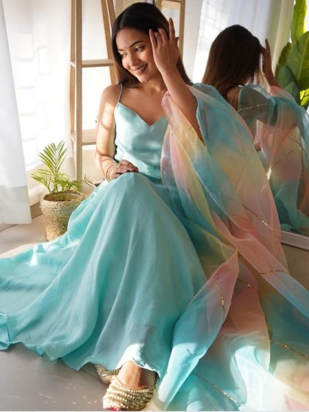 Aqua Blue Designer Chinon Gown With Organza Silk Dupatta 