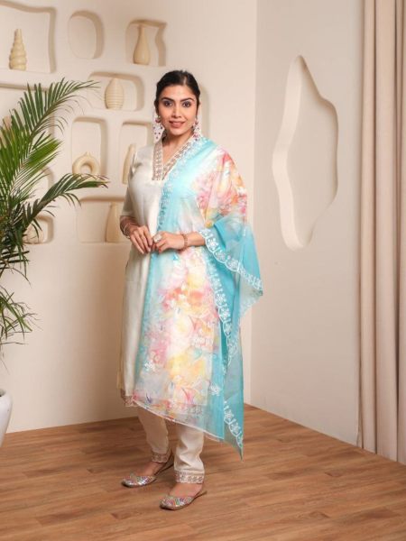  Attractive Embroidery Work Kurti Pant With Soft Organza Dupatta  