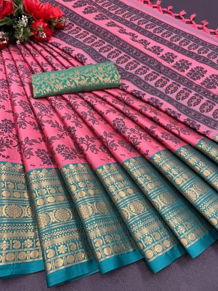 Aura Cotton Silk With Broad Contrast jacquard Work Border Saree  