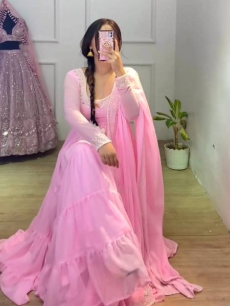 Baby Pink Georgette Embroidery Gown Pant With Dupatta 