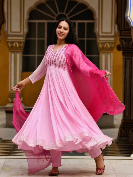 Baby Pink Georgette With Mirror Work Gown With Dupatta  