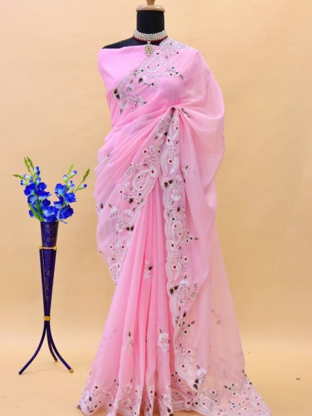 Baby Pink Jimmy Cho Embroidery Saree 