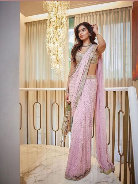 Baby Pink Mirror Sequin Embroidered Saree Bollywood Fancy Sarees Wholesale