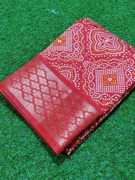 Batik Print Bandhani Cotton Saree With Zari Weaving Border  