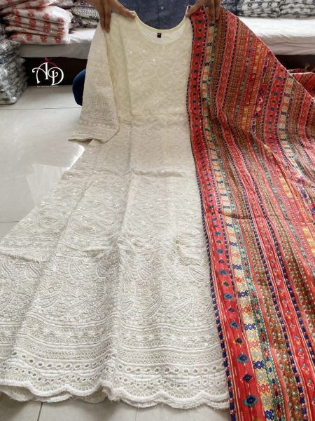 Beautiful Anarkali Chikan Sequence Gown With Dupatta Lucknowi Chikankari Kurtis Wholesale