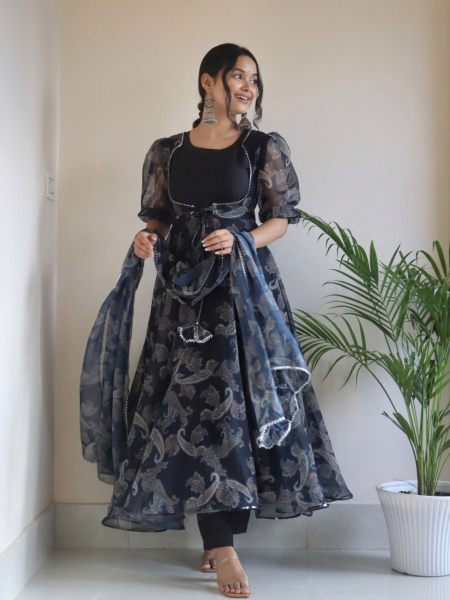 Beautiful Black Digital Print Georgette Anarkali Dress For Party  