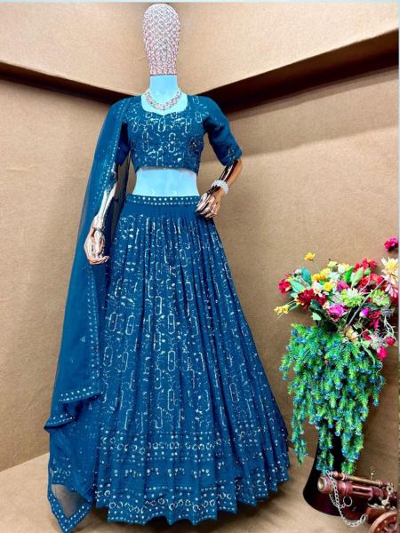 Beautiful Blue Wedding Wear Faux Georgette Lehenga Choli With Sequence Work  