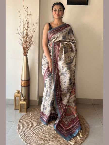 Beautiful Cream Soft Silk Saree with Kalamkari Prints 