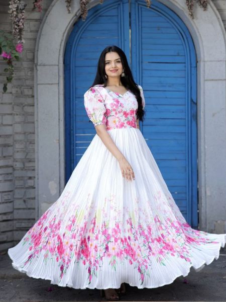 Beautiful Maslin Crochet Floral Printed Gown   