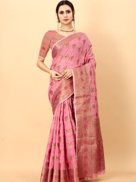 Beautiful Meenakari Soft Cotton fabric with Zari Weaving pallu Saree 