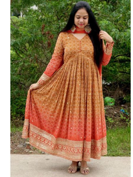 Beautiful Orange Colour Embroidered Printed Gown  
