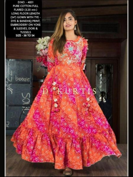Beautiful Pure Cotton Cambric Full Flared Kurti With Both Side Dori & Tussels Gown Jaipuri Cotton Kurtis Wholesale