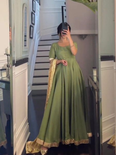 Beautifull Olive Green Satin Silk Gown Pant   Dupatta  