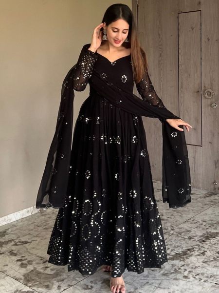 Black Color Anarkali Suits With Embroidery Work  