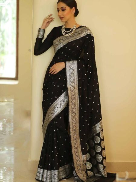 Black Color Banarasi Lichi Silk Saree 