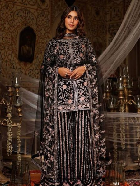 Black Color Faux Georgette Embroidery Work Garara  Ready To Wear Suit