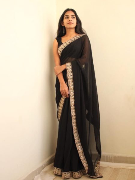 Black Color Georgette Saree And Sequence   Embroidery Work Lace  