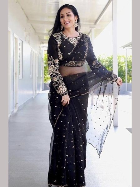 Black Color Georgette Saree And Embroidery Work  