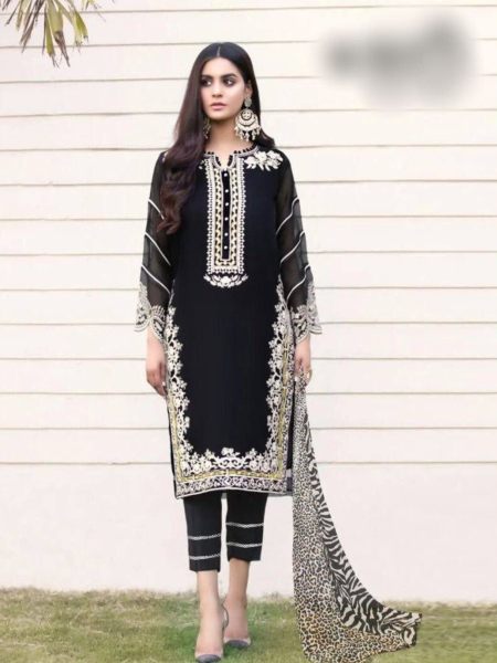 Black Color Heavy Fox Georgette Kurti Pant Set With Embroidery Work  
