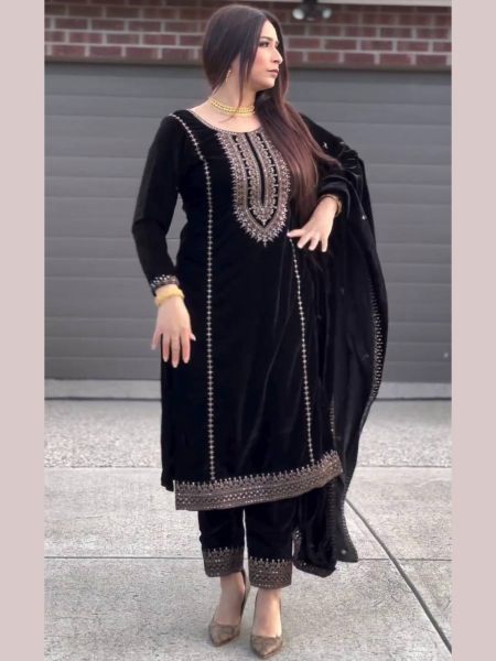 Black Color Heavy Viscose Velvet Embroidery Work Suits  