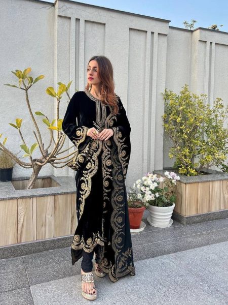 Black Color Velvet Embroidery Work Gown Pant And Dupatta  