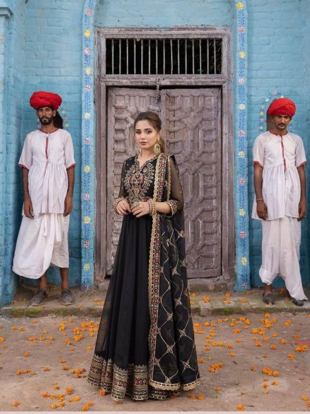 Black Colour Long Anarkali Suit With Embroidery Work  