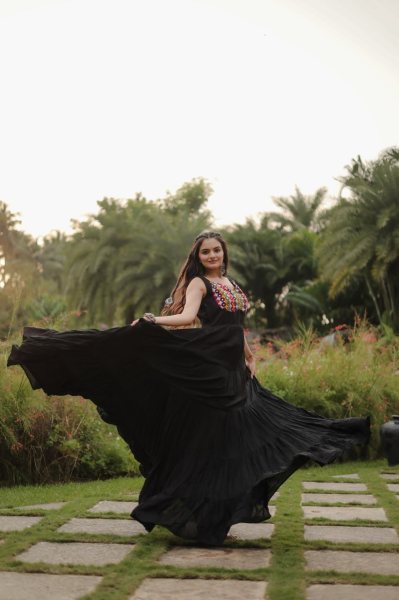 Black Colour Reyon Gown With Kutchi Work  