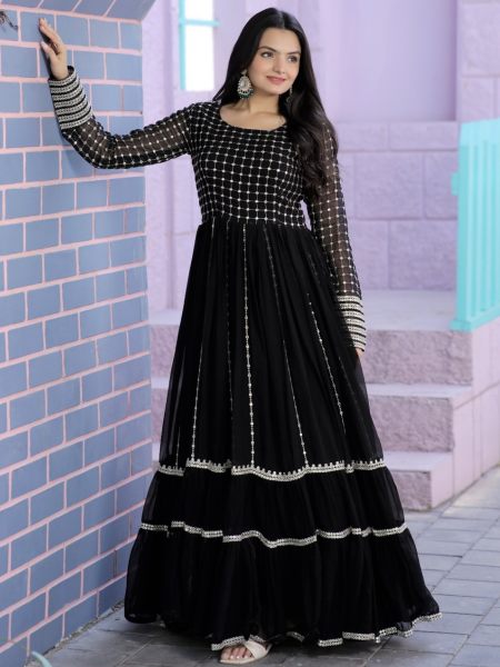 Black  Faux Blooming gown with Sequins Multi Silver jari Embroidered Work Anarkali  