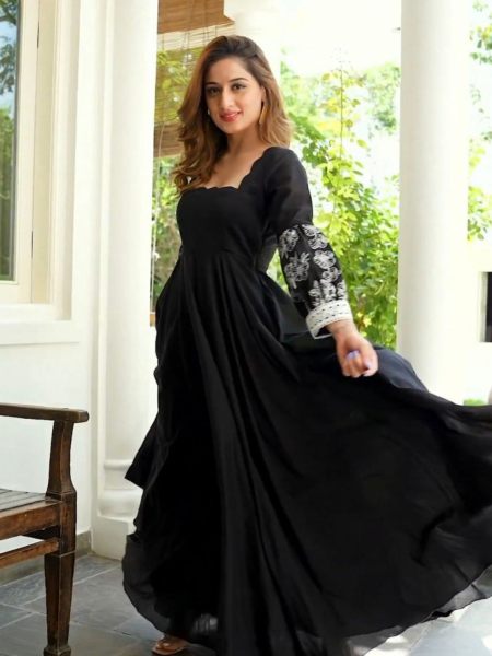 Black Faux Georgette With Embroidery Work Gown Pant   Dupatta 
