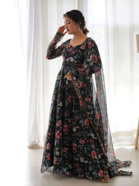 Black Flower Print Georgette Anarkali Gown With Duppta  