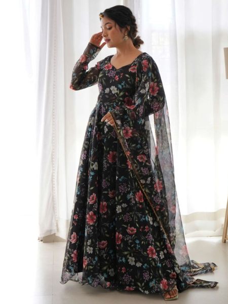 Black Flower  Print Georgette Anarkali With Duppta Collection Plus Size Kurti / Gown
