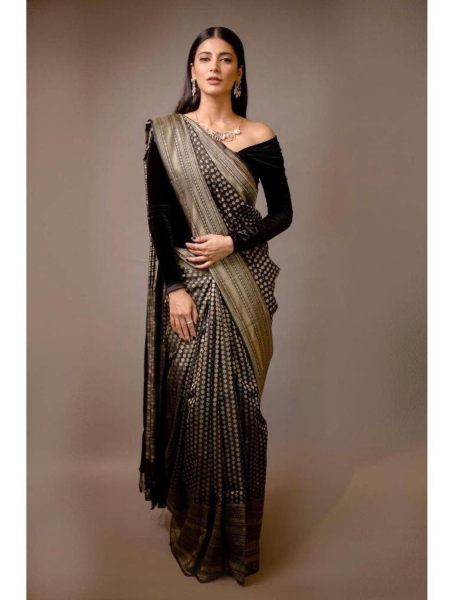 Black & Gold Toned Organic Banarasi Silk Saree For Wedding Wear  