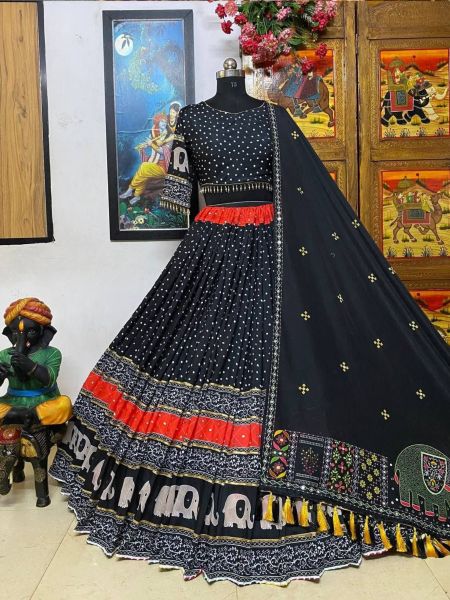 Black Muslin cotton Printed Lehenga Choli With Real Mirror Work  