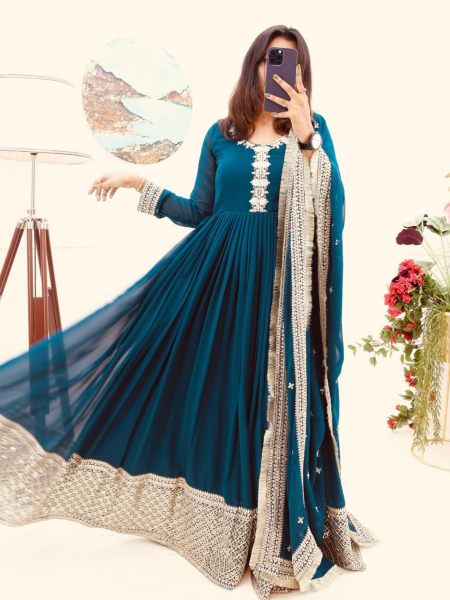 Blue Fox Georgette Sequence Embroidery Work Gown With Dupatta  