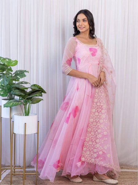 Blush Pink Organza Printed Gown With Dupatta 