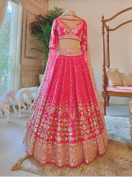 Bridal Wear Real Mirror Work Pink Lehenga Design With Phantom Fabric 