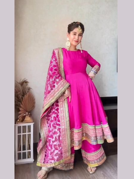 Bright Pink Tapeta Silk Plazzo Set With Sequence Work 