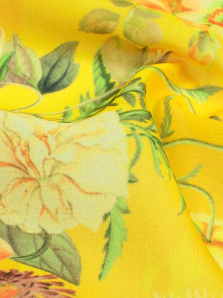 Bright Yellow And Peach Floral Pattern Digital Print Georgette Fabric 