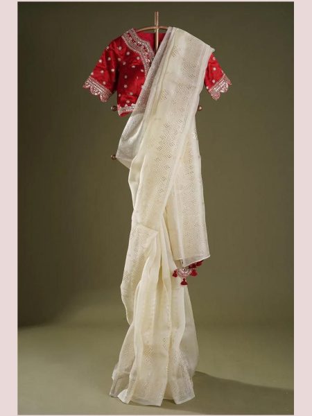 Butter Cream Embroidered Organza Saree With Embroidery Blouse 