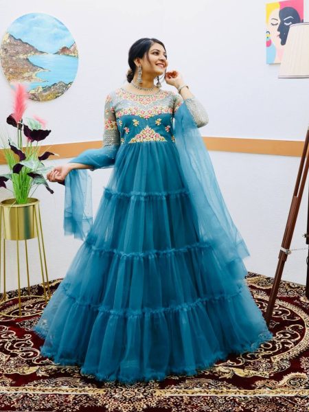 Buy Sky Blue Color Soft Net Gown With Sequence   Embroidery Work  