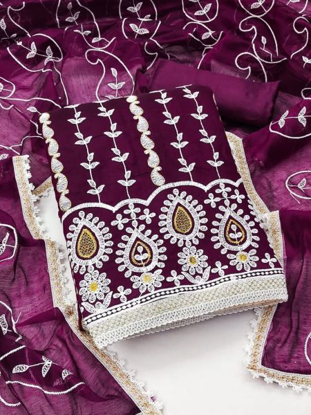 Chanderi Cotton Dress Material With Embroidery Work  Cotton Dress Material