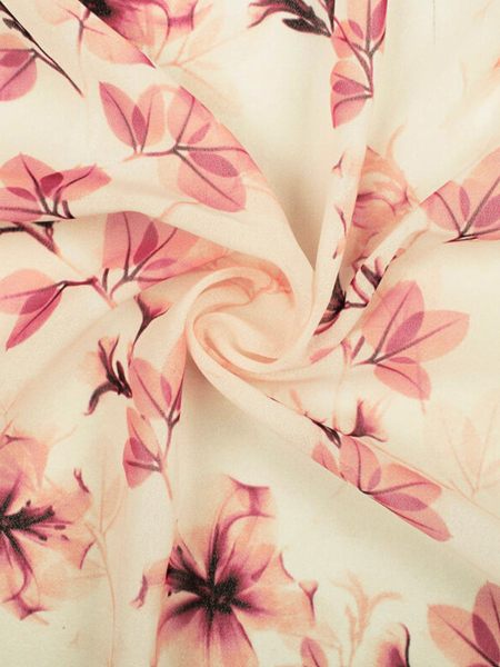 Cream And Peach Floral Pattern Digital Print Georgette Fabric 