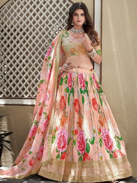Crushed Chinon Printed Lehenga Choli With Sequence   Embroidery Work  