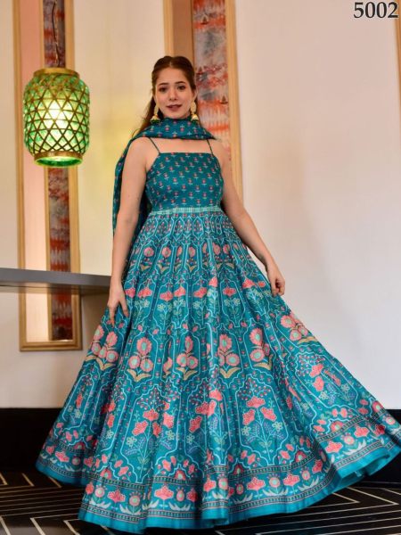 Designer Anarkali Silk Cotton Printed Gown   Dupatta 