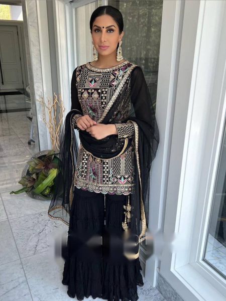 Designer Black Color Top Palazzo And Dupatta With Heavy Embroidery Sequence And Mirror Work 