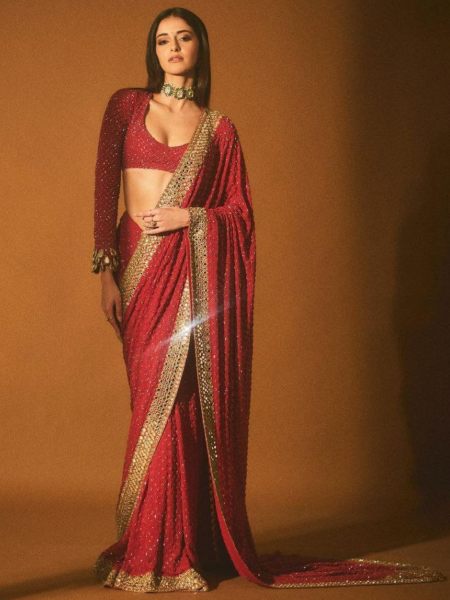Designer Georgette Red Sequin Saree For Karwa Chauth 