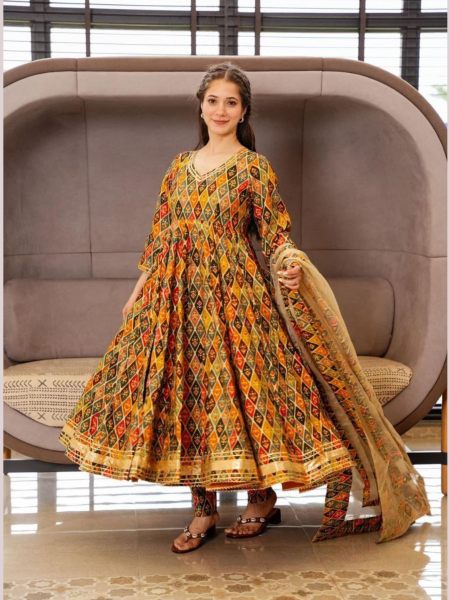 Designer Printed Rayon Anarkali Suit  With Georgette Dupatta For Women 