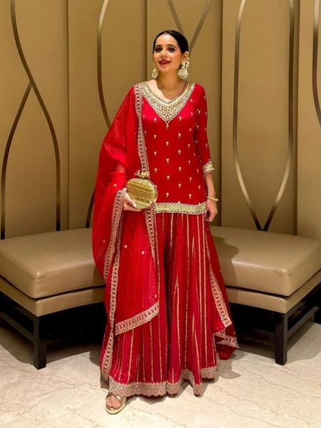 Designer Red Faux Georgette Palazzo Suit For Wedding Wear 