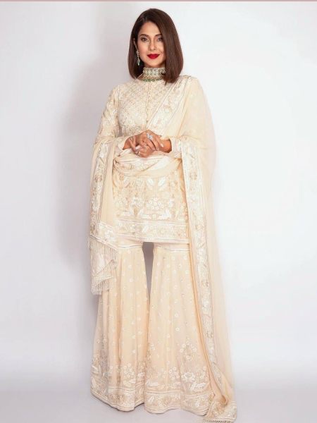 Designer White Heavy Georgette Partywear Kurta Sharara set 